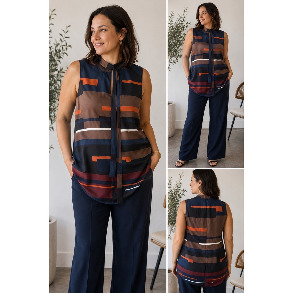 Theory Nitee TS-Pack Print Twill Silk Sleeveless Mock Neck Top Navy Orange SP